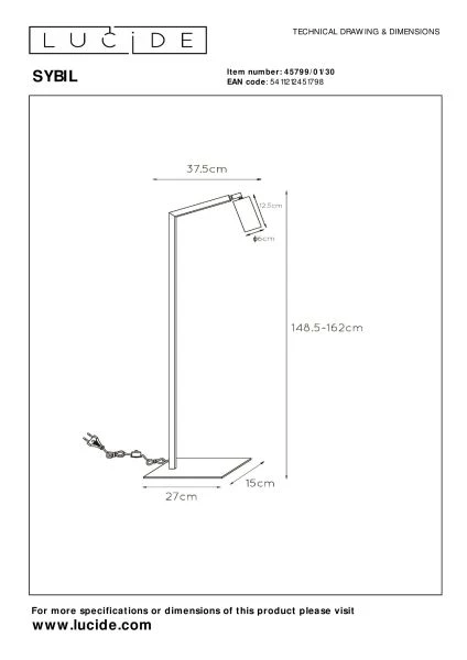 Lucide SYBIL - Lampadaire / lampe de lecture - 1xGU10 - Noir - TECHNISCH